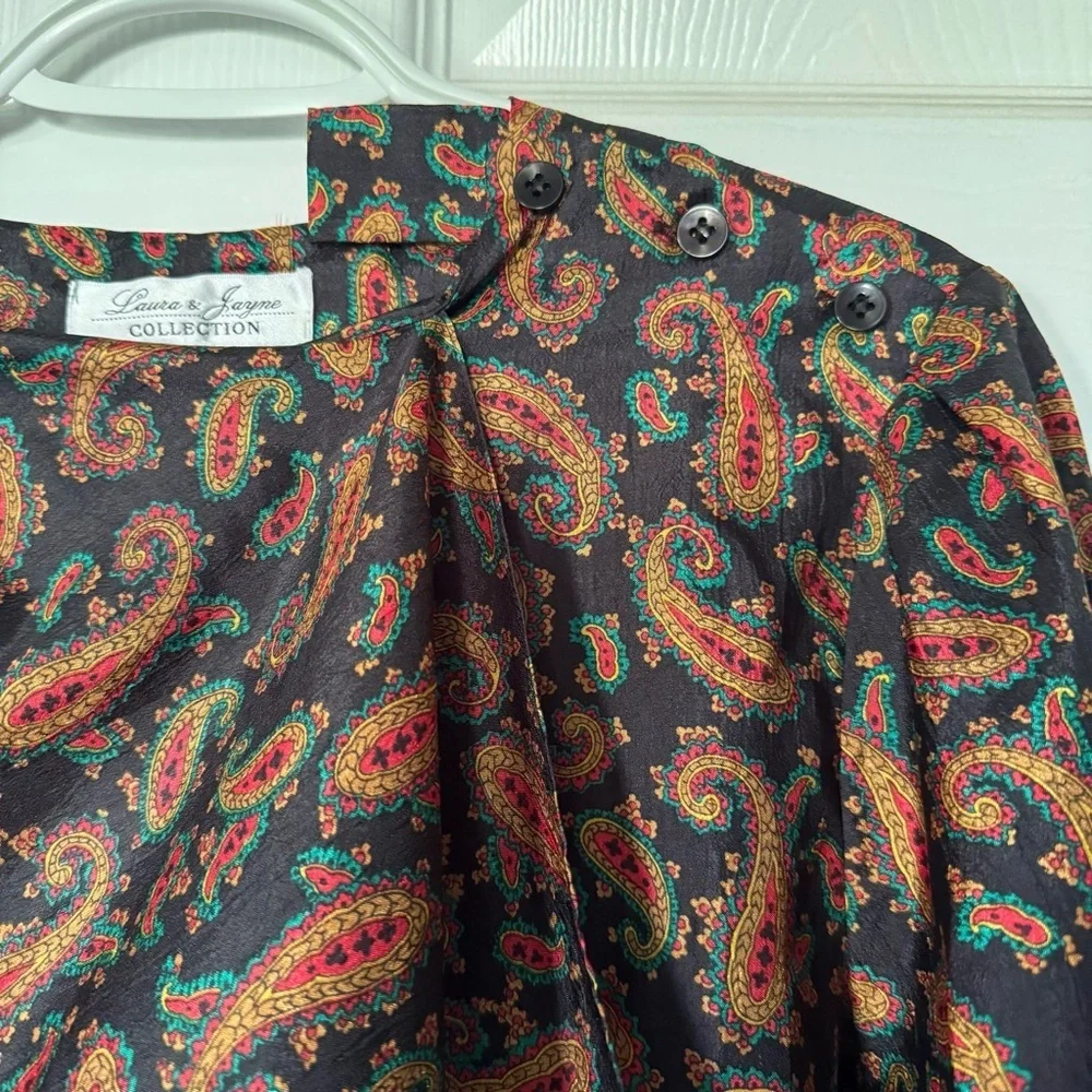 Vintage 90s Paisley Blouse Womens Size‎ 10 Black Long Sleeve Boho EUC